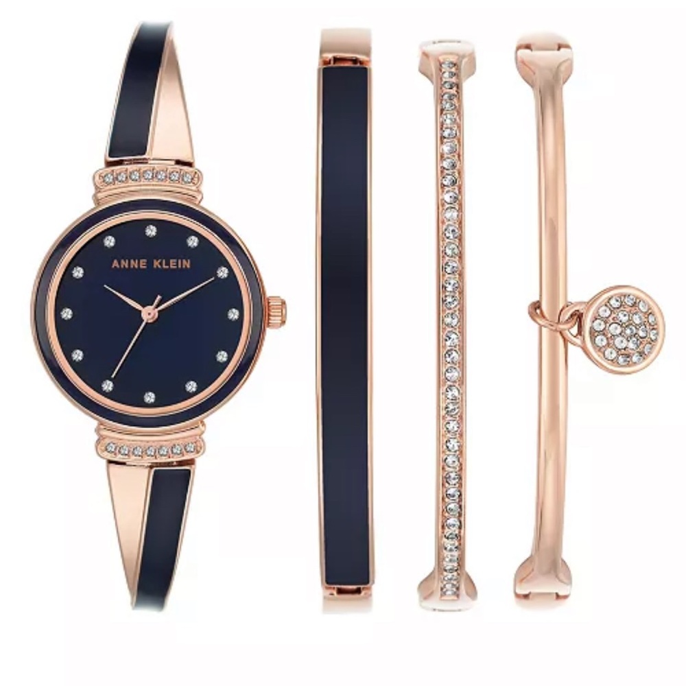 Anne Klein Gold and Black Watch with Bracelet Set